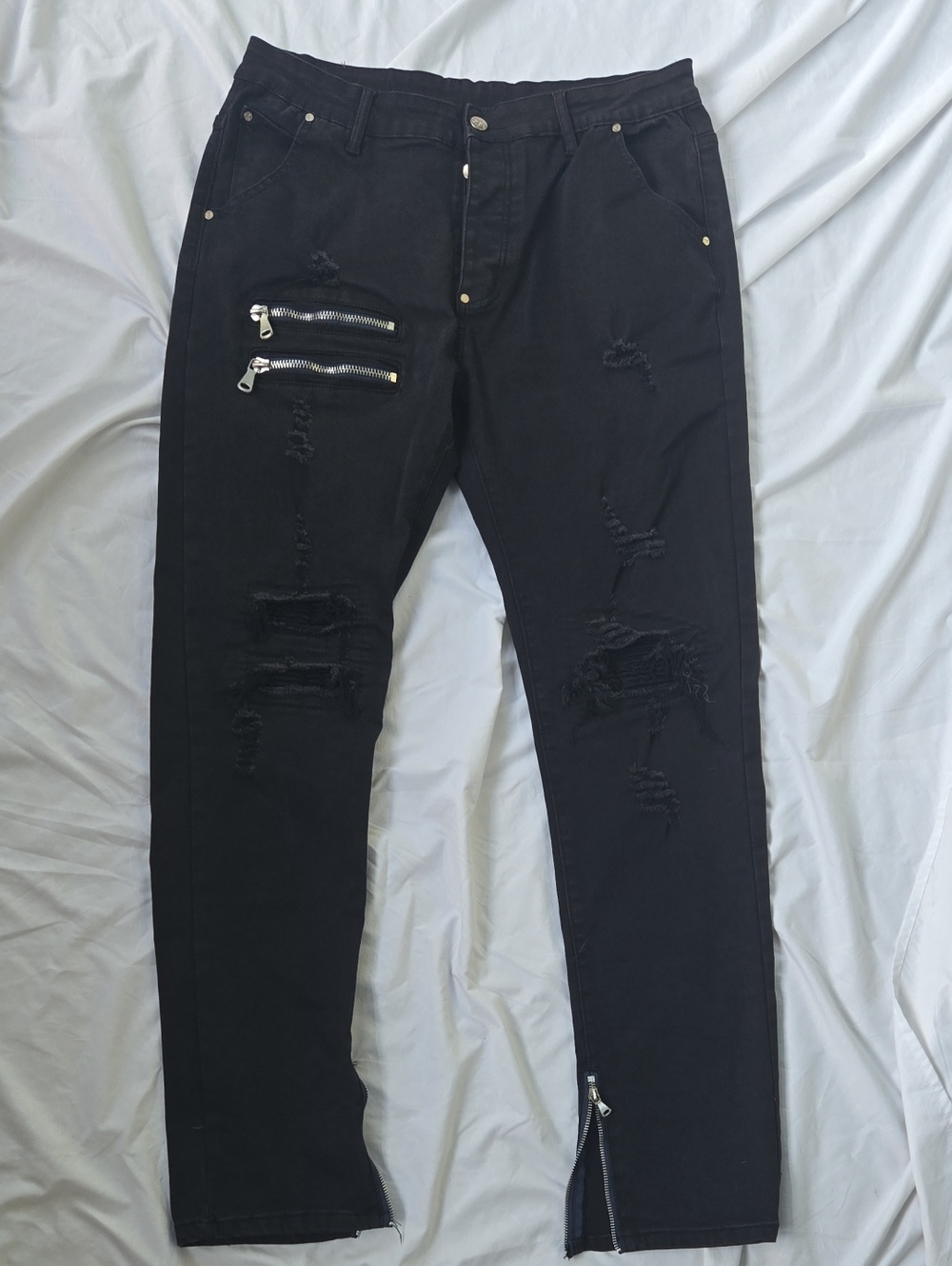 Men's Black Button Fly Jeans 2-Zip Front Pocket Ankle Zippers Distressed Front